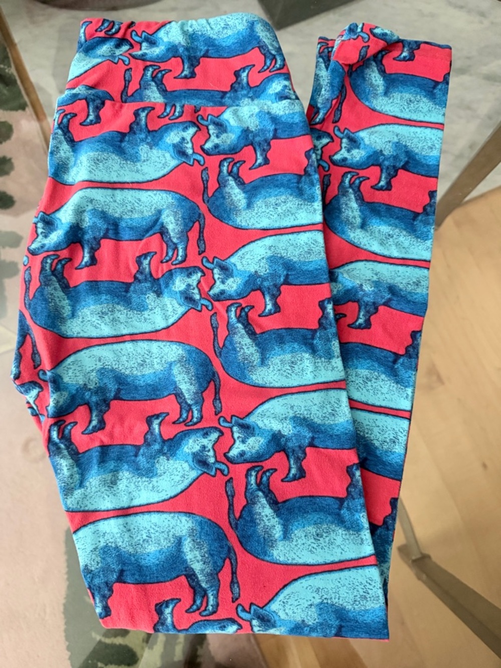 LuLaRoe Blue Pig Print Leggings on Coral Red